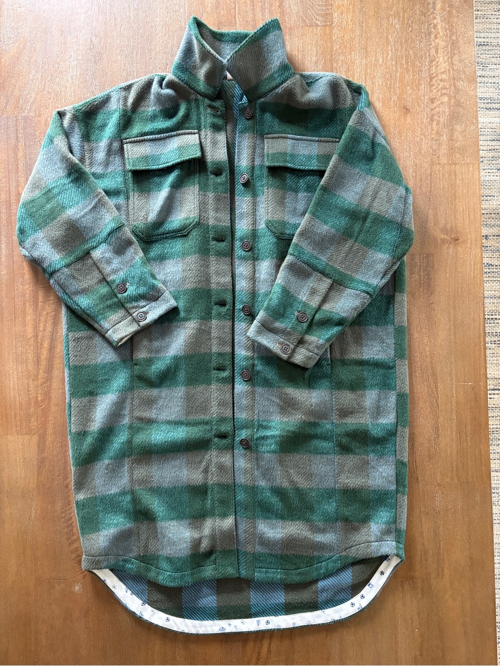 Pilcro Green and Blue Plaid Long Shirt Jacket